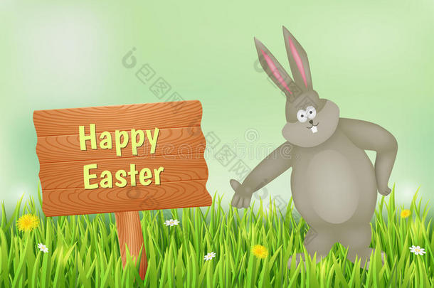 复活节卡片和一只兔子在草地上。