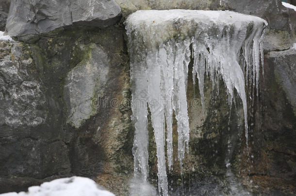 冰冻的溪流压碎冰柱