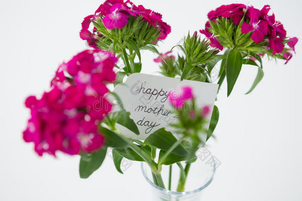 一束粉红色的玫瑰，花瓶里有“母亲节快乐”的标签