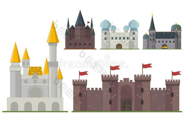 卡通<strong>童话</strong>城堡塔图标可爱的建筑幻想房子<strong>童话</strong>中世纪和公主堡垒设计