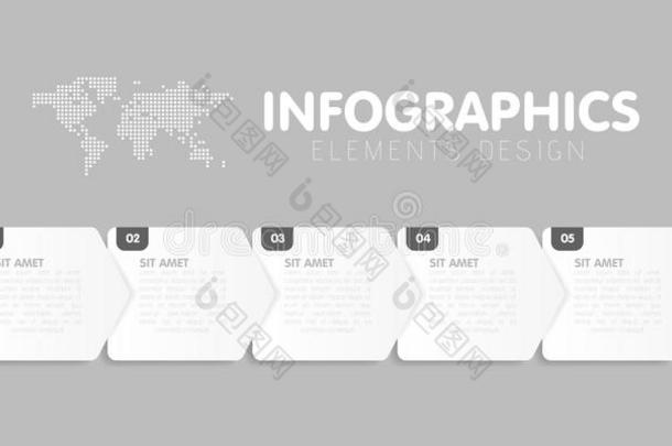 业务信息图形模板。带有5个箭头步骤和5个数字选项的时间线。矢量
