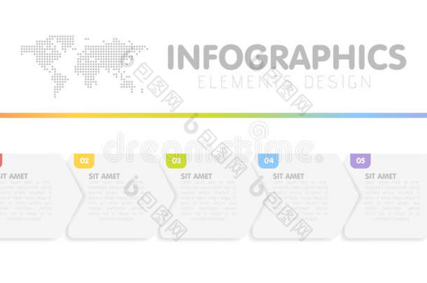业务信息<strong>图表模板</strong>。 时间线有5个<strong>箭头</strong>步骤，五个数字选项。