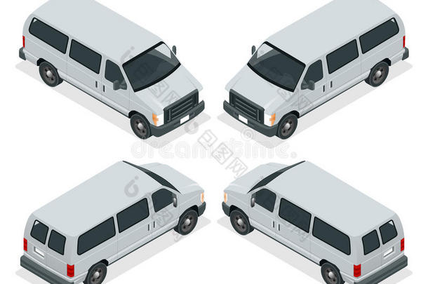 商业面包车图标设置在白色背景上隔离。 平面三维等距插图。 用于信息图形和设计