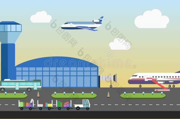 机场建筑与飞机跑道区矢量平面设计