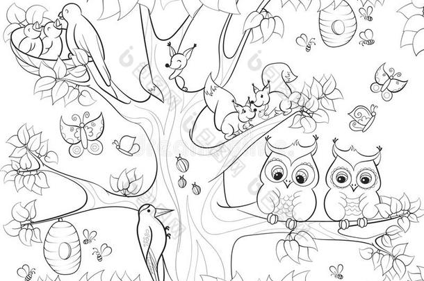 动物和鸟类生活在树上着色为儿童卡通矢量插图
