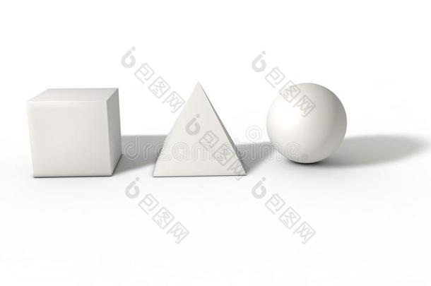 立方体，球体和金字塔上持久的白色，三维渲染