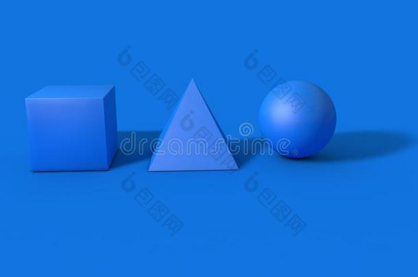 立方体，球体和金字塔上<strong>持久</strong>的蓝<strong>色</strong>，三维渲染