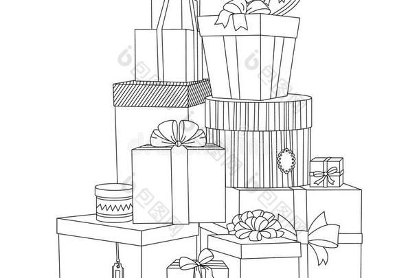 一大堆包裹的礼品盒。 漂亮的盒子。 礼品盒。 孤立矢量图。 着色书