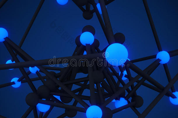发光蓝色原子网格特写抽象科幻三维渲染
