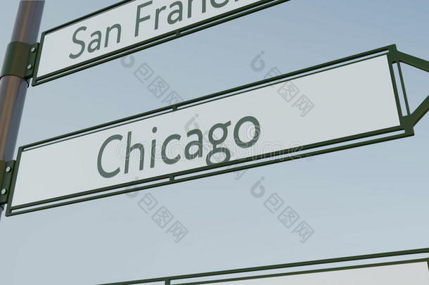 芝加哥方向标志上的道路路标与美国<strong>城市</strong>标题。 概念<strong>三维</strong>渲染