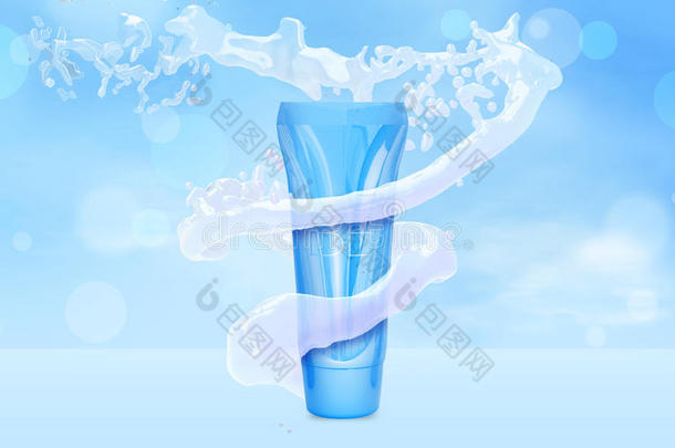 BB霜瓶模拟在水溅在蓝色博凯背景基础管在水三维插图