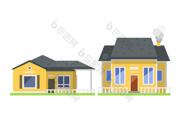 可爱的彩色平面风格的房子村象征房地产小屋和家居设计住宅五颜六色的建筑