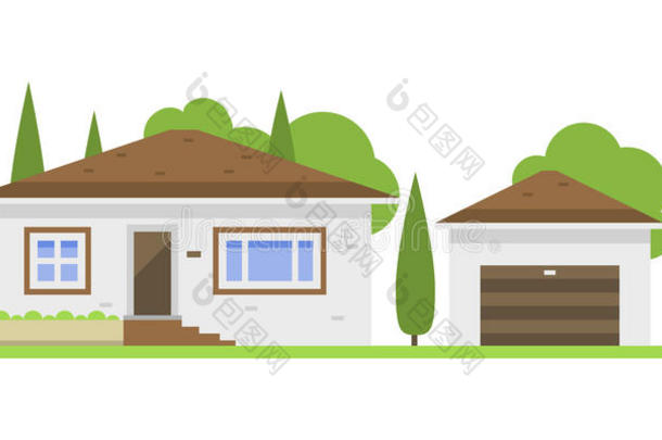 可爱的彩色平面风格的房子村象征房地产小屋和家居设计住宅五颜六色的建筑