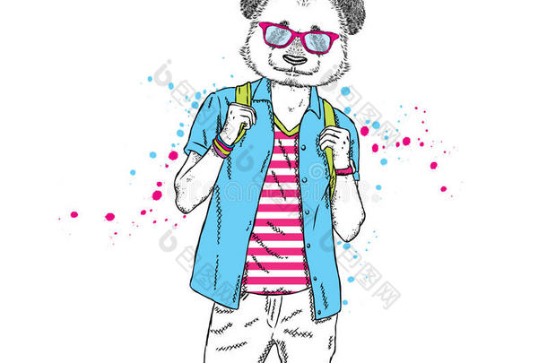一个英俊的家伙，熊猫的头穿着t恤，衬衫和短裤。 夏天的衣服。 矢量插图。 嬉皮士。