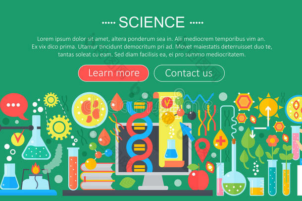 <strong>科学</strong>的平面设计概念。 与<strong>科学</strong>家实验室工作场所的横向横幅。 <strong>科学</strong>研究实验