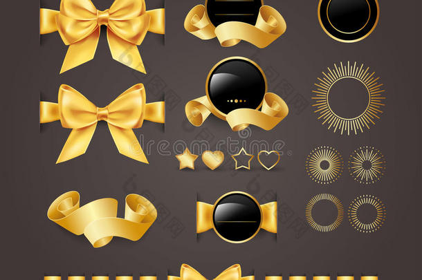 黄金设计元素。 印章，横幅，徽章，盾牌，标签，卷轴，心和星星。 金色丝带和丝带。 生日，