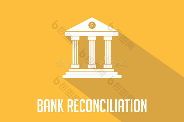 银行对账白色文本与银行办公楼插图和橙色背景