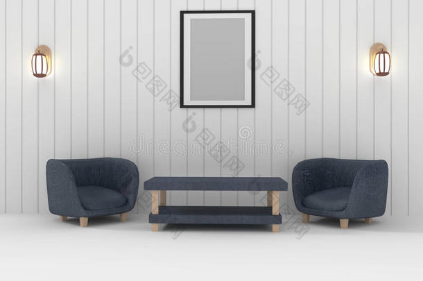 双沙发与灯和框架照片在白色房间室内设计的三维渲染