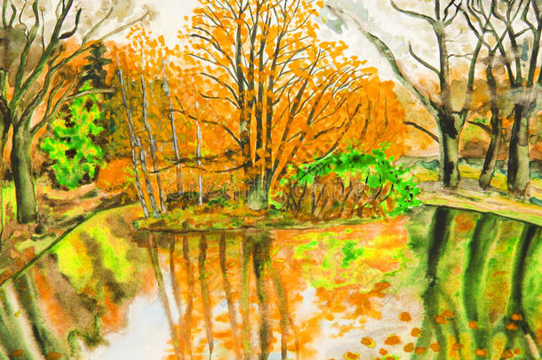 秋天的风景，手绘的图片