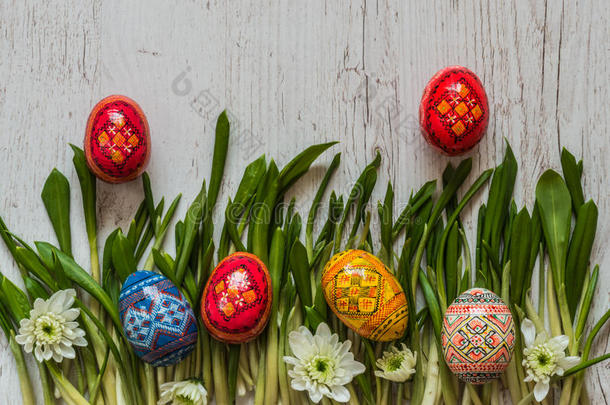 复活节背景，复活节鸡蛋和春天的花在绿色的草地上