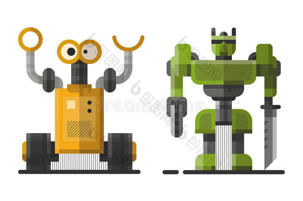 可爱的老式机器人技术机器未来科学玩具和Cyborg未来派设计机器人元素图标字符