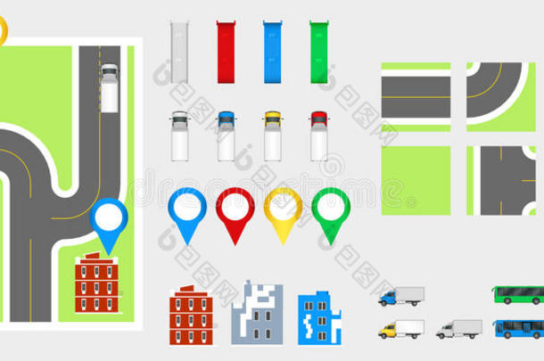 城市景观设计元素与道路，运输，建筑，导航针。 路线图矢量图EPS10.可用于v