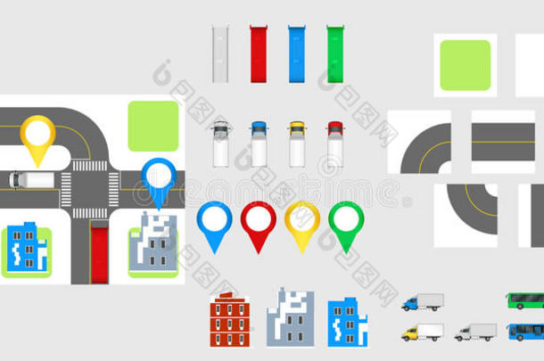 城市景观设计元素与道路，运输，建筑，导航针。 路线图矢量图EPS10.可用于v