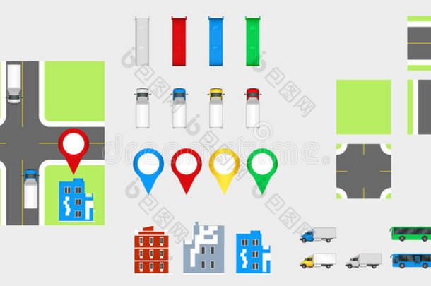 城市景观设计元素与道路，运输，建筑，导航针。 路线图矢量图EPS10.可用于v