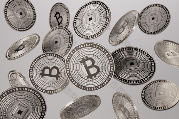 关闭银比特币抛入空中，作为区块链和密码货币概念的例子