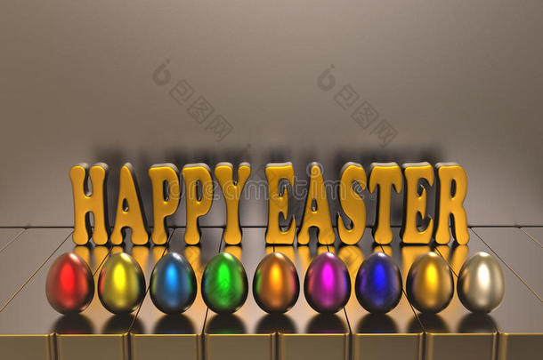 复活节，五彩蛋和问候文字在灰色背景3D渲染