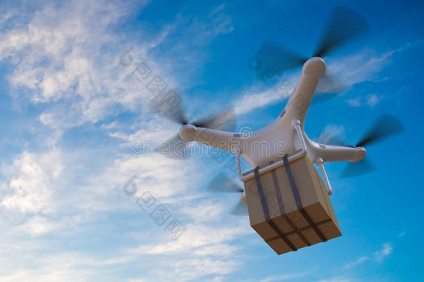 三维渲染了无人机在天空中飞行和交付一个包裹的插图