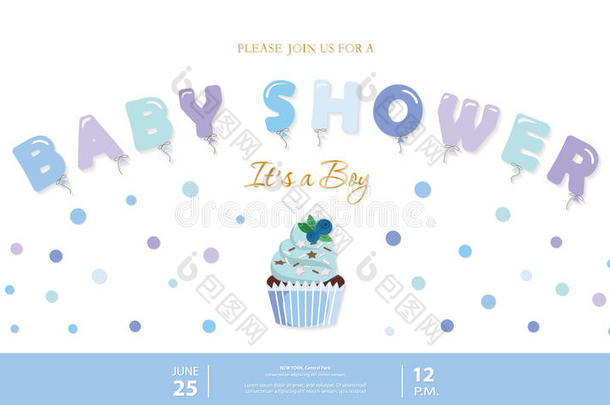 男孩婴儿淋浴模板。 派对邀请函，气球信，纸杯蛋糕和纸屑。 柔和的蓝色和金色。