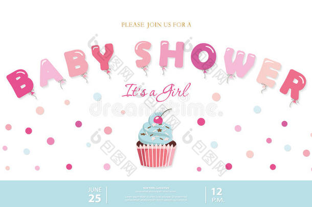 女孩婴儿淋浴可爱的模板。 派对邀请函，气球信，纸杯蛋糕和纸屑。 粉粉色和蓝色