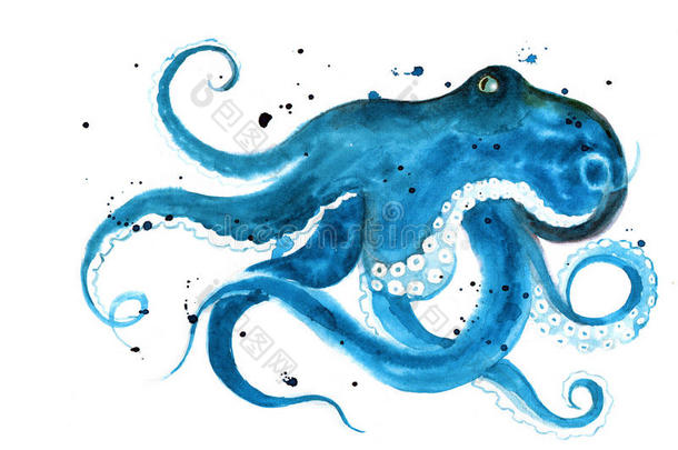 蓝色章鱼剪影水彩素描。 野生动物艺术插图。 水彩图形用于织物，明信片，贺卡，书籍