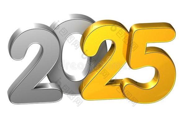 三维黄金号码新年2025在白色背景