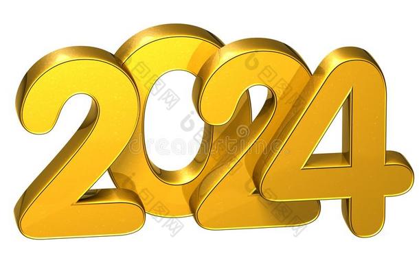 三维黄金号码新年2024在白色背景
