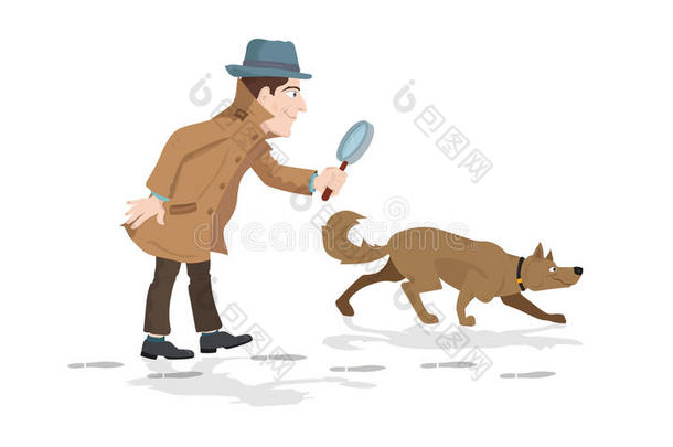 侦探用放大镜和追踪器猎狗的脚印