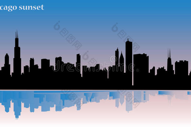 芝加哥插图-日落-建筑反射在水-重要的建筑物从这个城镇，平面设计