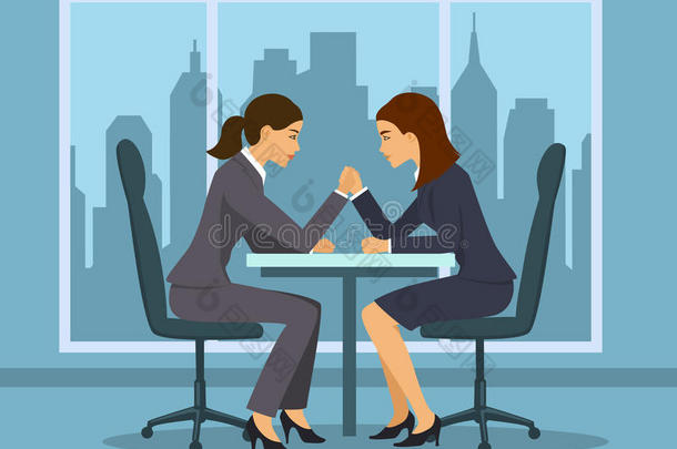 商业竞争概念。 两个女商人，员工手臂摔跤在办公室矢量插图