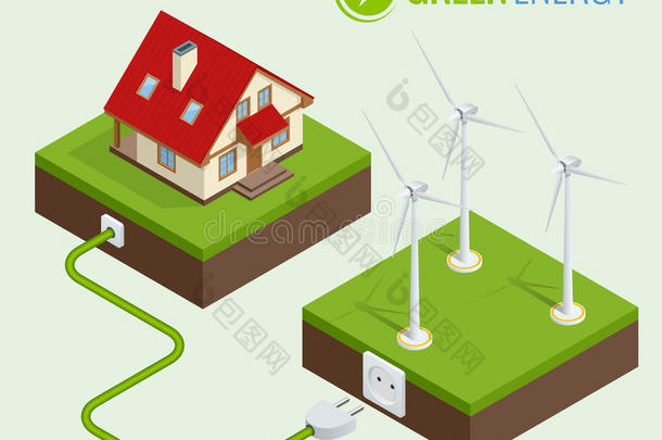 替代绿色能源或绿色住宅概念。 平面三维网等距信息矢量图。 的组成