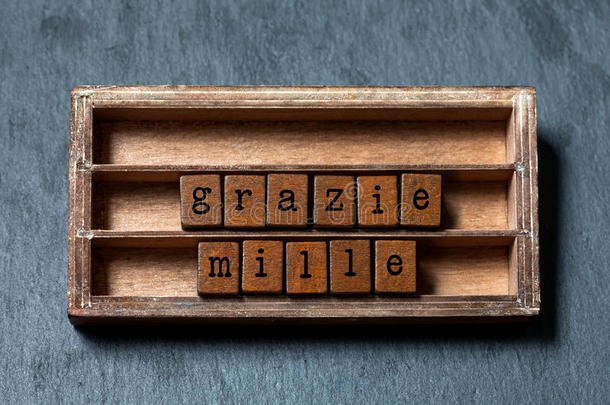 格拉齐·米尔。 非常感谢意大利语翻译。 老式盒子，木制立方体短语信息写的旧风格