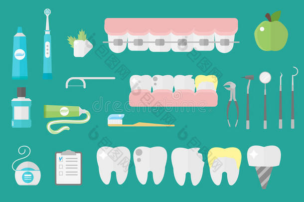 平面保健牙医符号研究医疗工具保健系统概念和医疗器械卫生