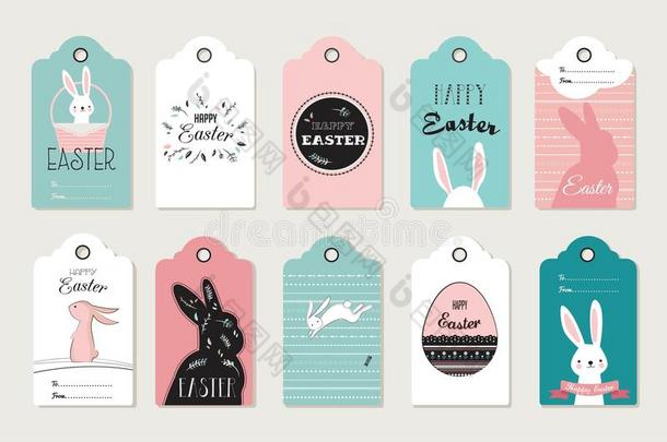 复活节标签收集兔子和复活节鸡蛋。 快乐复活节矢量插图