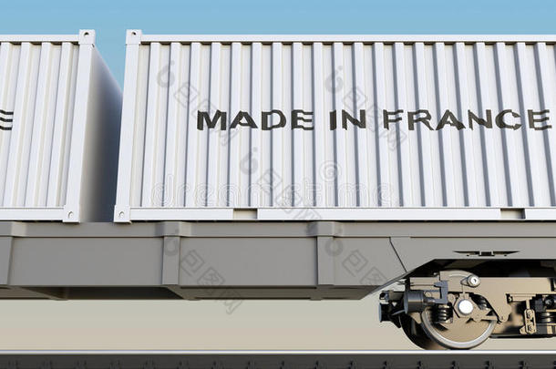 在法国制造的货物列车和集装箱标题。 铁路运输。 三维渲染