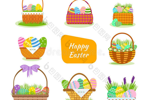 一套节日的，美丽的，复活节篮子和彩绘的鸡蛋。