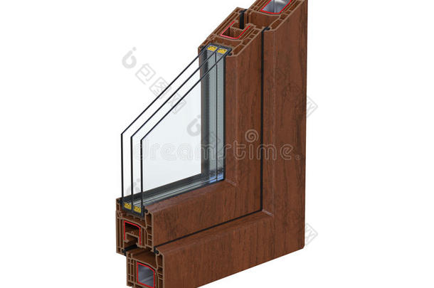 横截面通过窗户<strong>PVC</strong>型材层压木纹。 三维渲染，隔离在白色背景上。