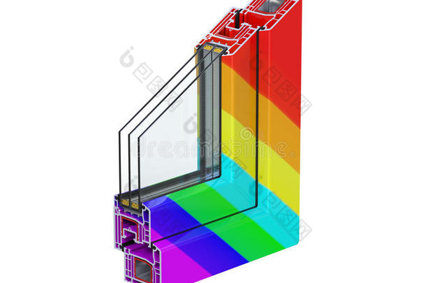 横截面通过窗口<strong>PVC</strong>型材层压多色或彩虹色。 三维渲染，隔离在白色上