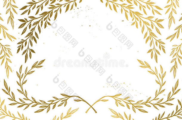 手绘矢量插图-背景与老式的树枝和墨水飞溅。 黄金植物叶子。 完美的婚礼