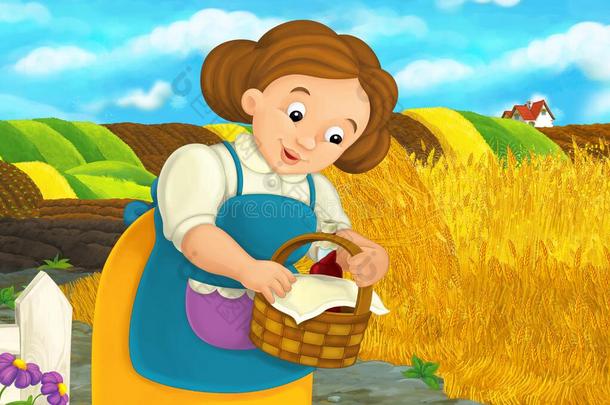 卡通快乐的农场场景与农场妇女在农场现场与食物篮子