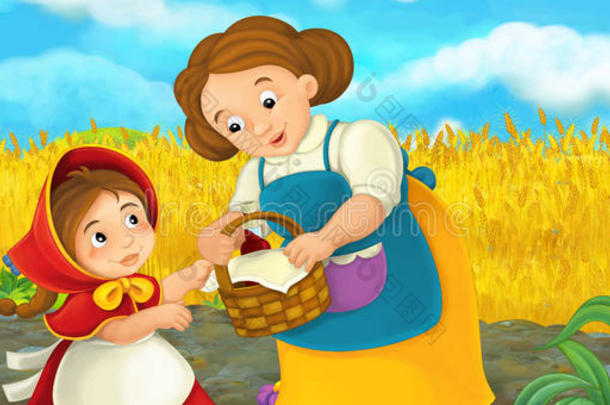 卡通快乐的农场场景与女儿和母亲在农场现场